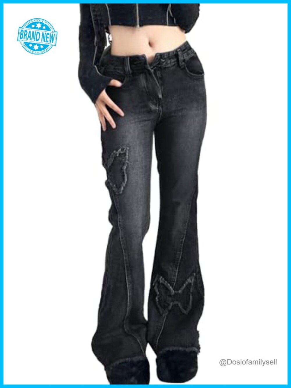 Women's Y2K Butterfly Embroidered Flare Jeans Low Rise Bell Bottom Denim